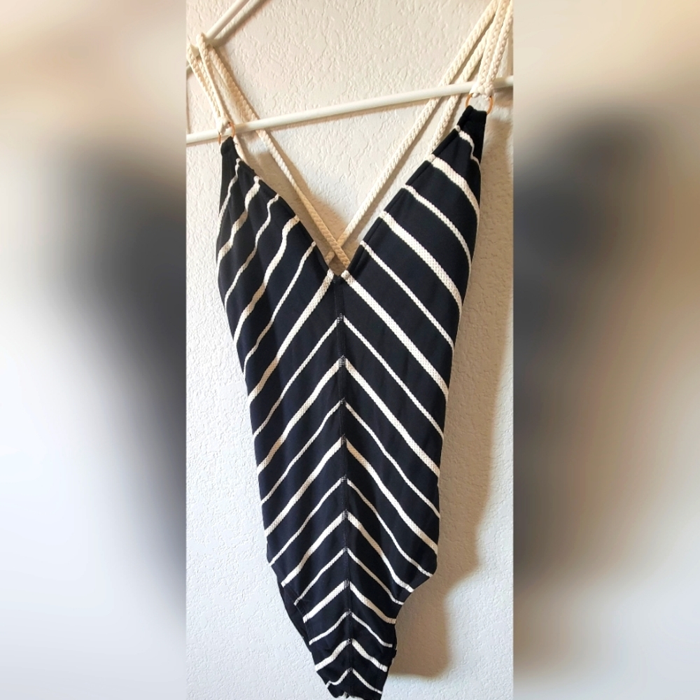 Robin Piccone Navy & White Striped One-Piece Swimsuit